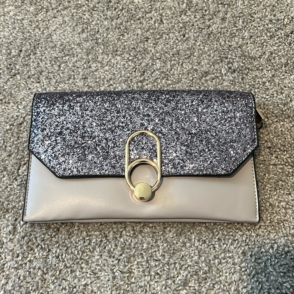 Glitter clutch with gold crossbody chain